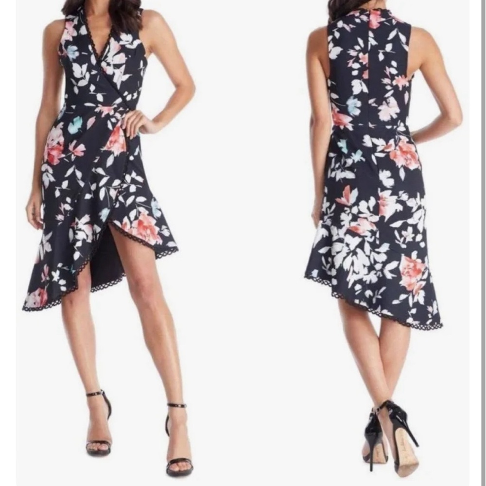 Dress The Population Asymmetrical Bijou Floral Plunge Dress Sz XL. Black. NWT.